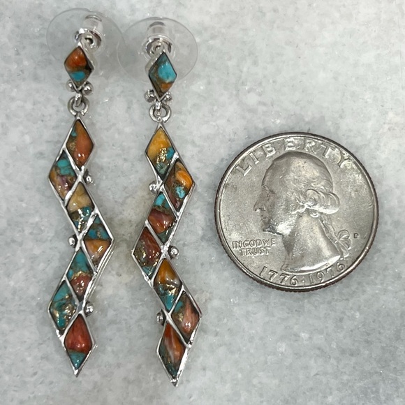 Santa Fe Style Spiny Turquoise Zigzag Sterling Silver BOHO Dangle Post Earrings - Picture 10 of 10